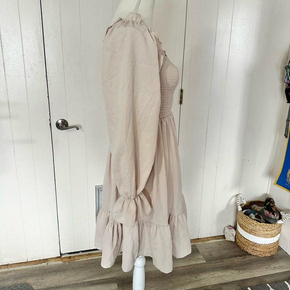 SHEIN Ruffle Long Puff Sleeve Beige Dress Off White Fall Neutral Boho Short - Picture 10 of 10